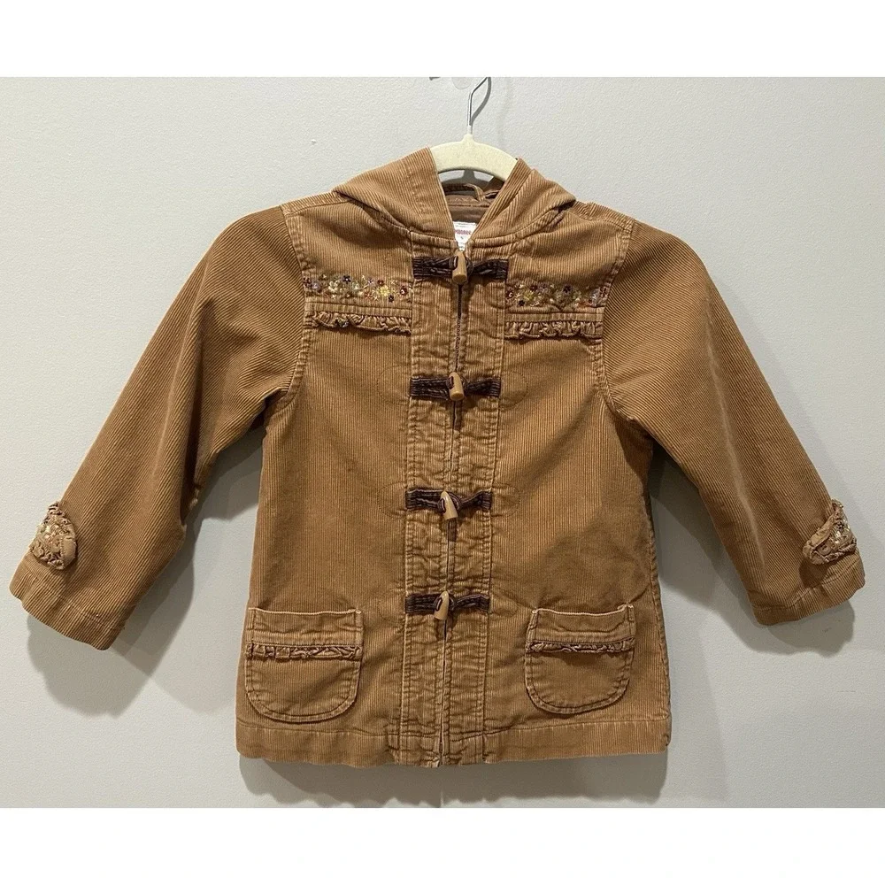 VTG Gymboree‎ Girls Size 5 Coat Tan Corduroy Embroidered Hooded Toggle Buttons